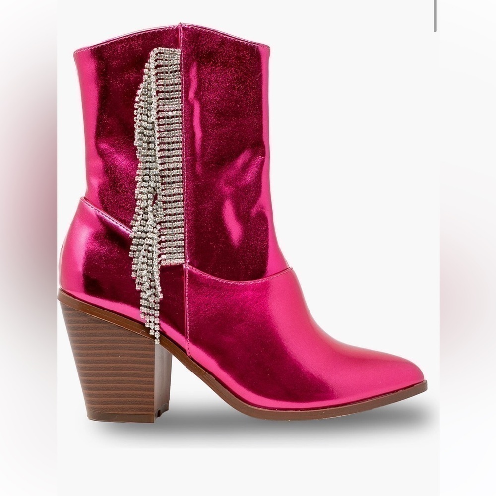 CHASE AND CHLOE fuchsia metallic Justine Side Rhinestone Tassel Western Boot 8 - Picture 4 of 6